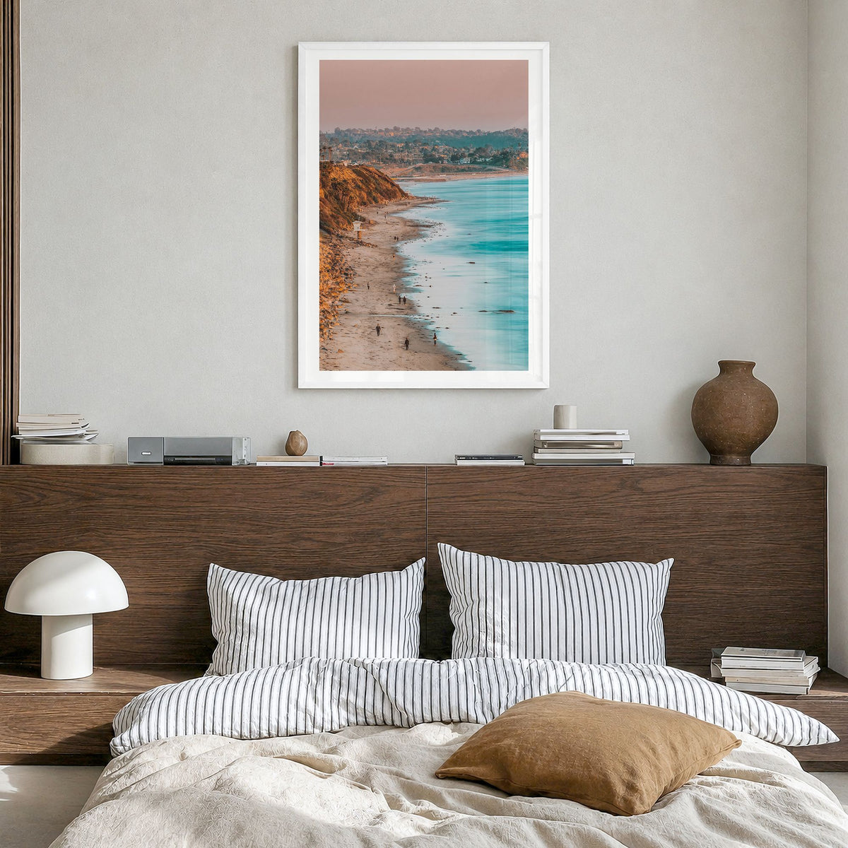 Encinitas Photo No 1 Poster in a white wood frame, hanging in a bedroom, white border