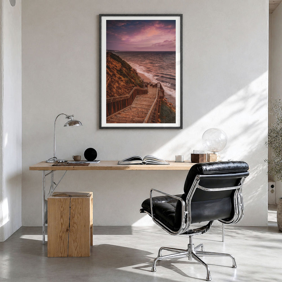 Encinitas Photo No 2 Poster in a black wood frame, hanging in a bright home office, white border