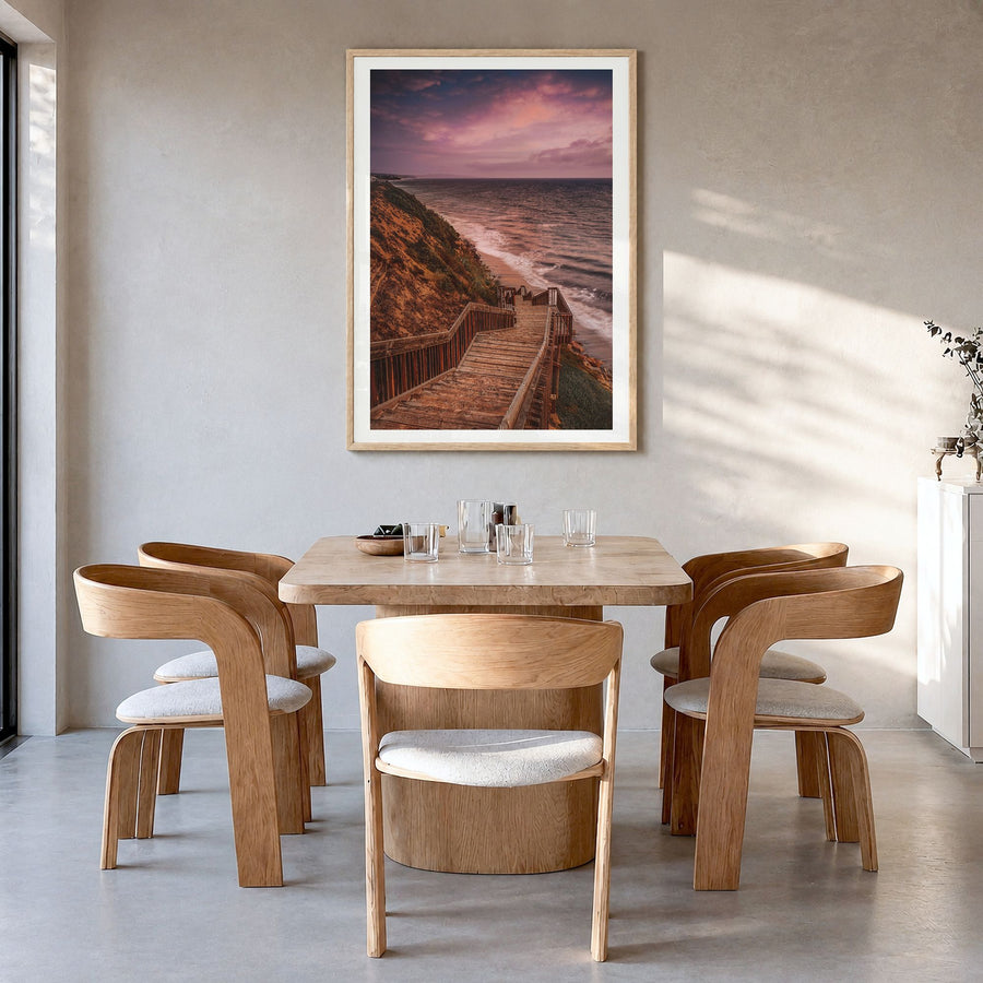 Encinitas Photo No 2 Poster in a natural wood frame, hanging in a dining room, white border