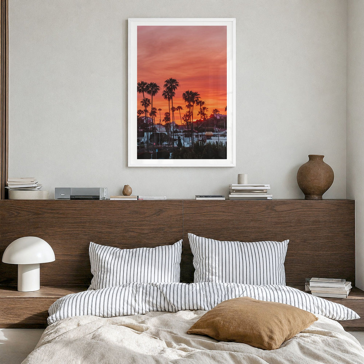 Encinitas Photo No 3 Poster in a white wood frame, hanging in a bedroom, white border