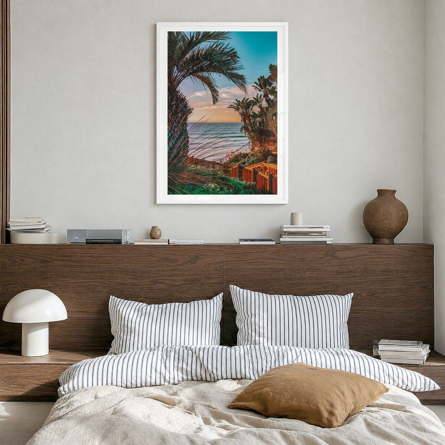 Encinitas Photo No 5 Poster in a white wood frame, hanging in a bedroom, white border