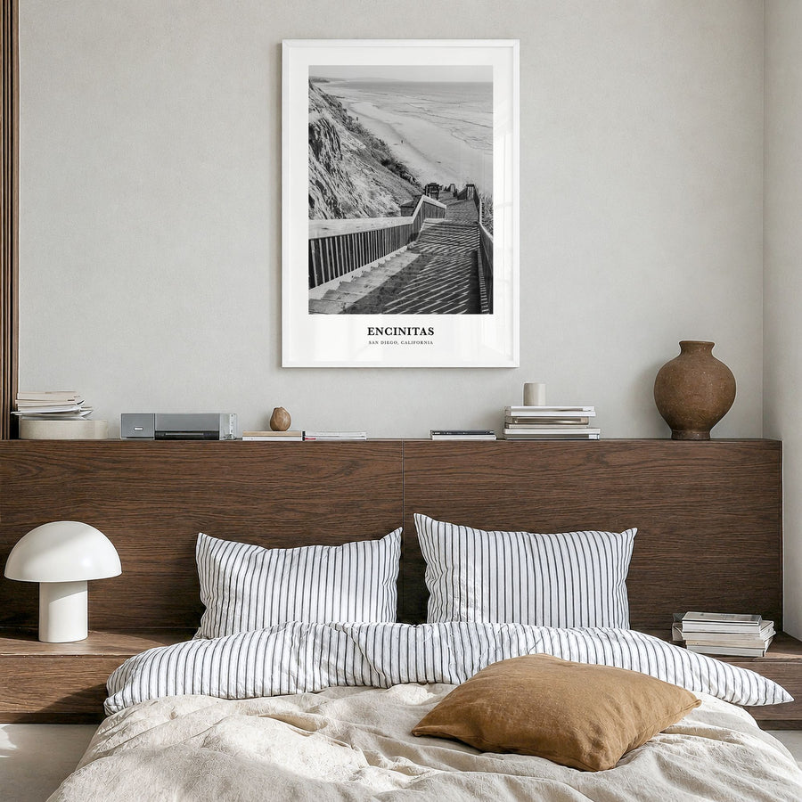 Encinitas Classic No 2 Poster in a white wood frame, hanging in a bedroom