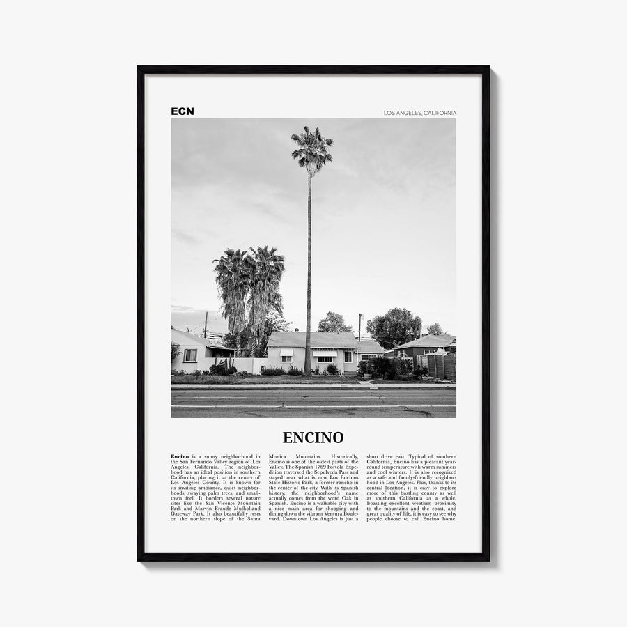 Encino black & white newspaper poster of California, USA – vertical wall art, unframed print shown in interior mockup