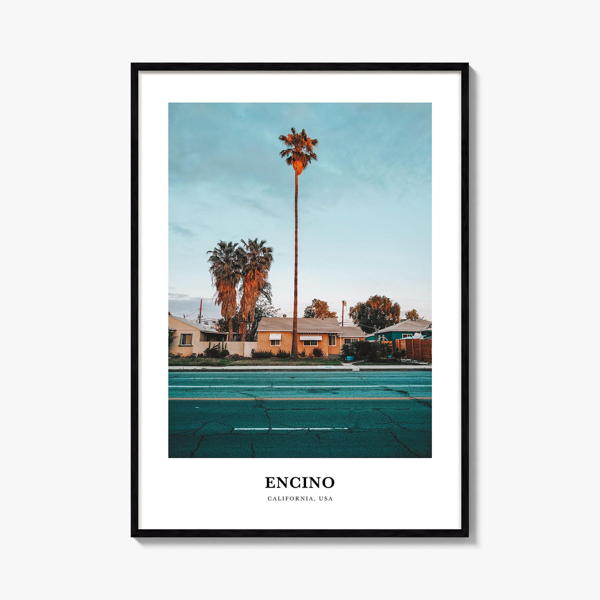 Encino colorful classic poster of California, USA – vertical wall art, unframed print shown in interior mockup