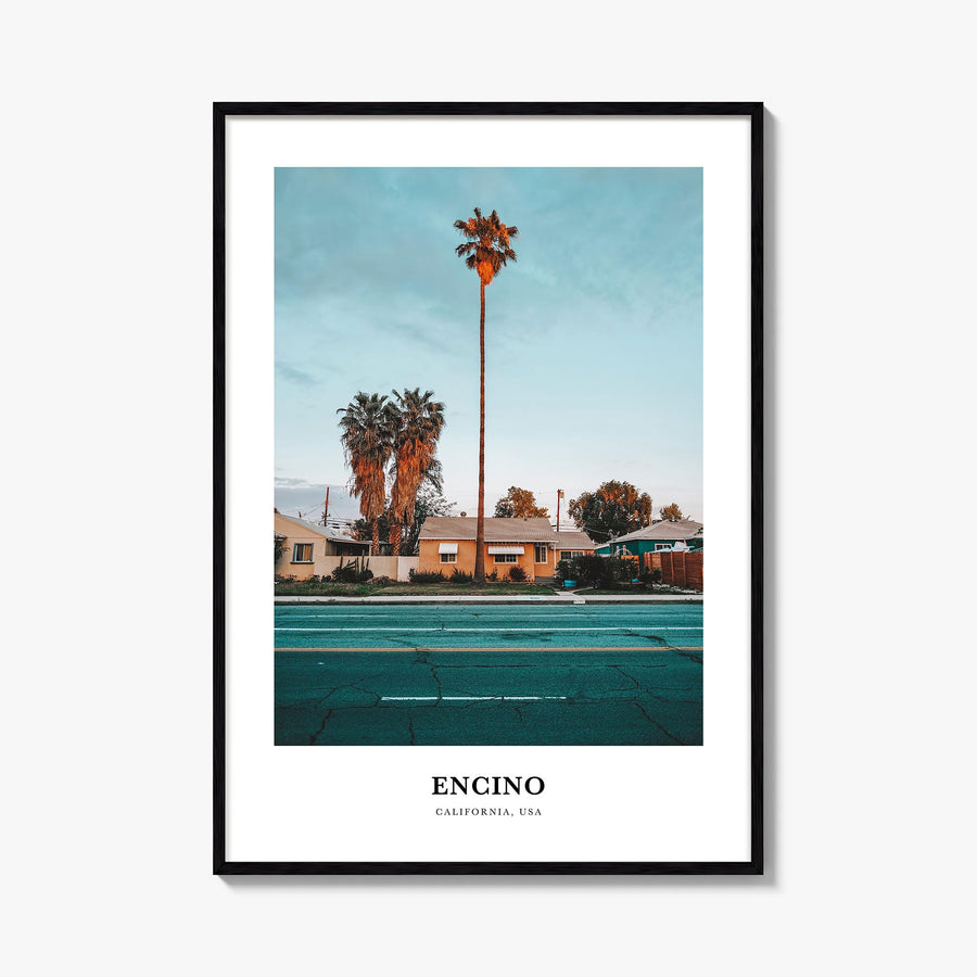 Encino colorful classic poster of California, USA – vertical wall art, unframed print shown in interior mockup
