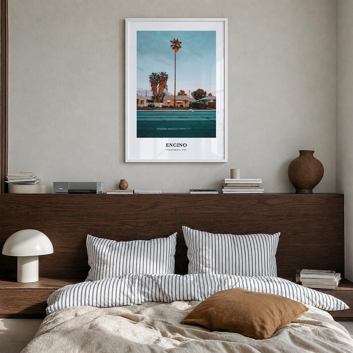 Encino colorful classic poster of California, USA – vertical wall art in white wood frame, hanging on wall