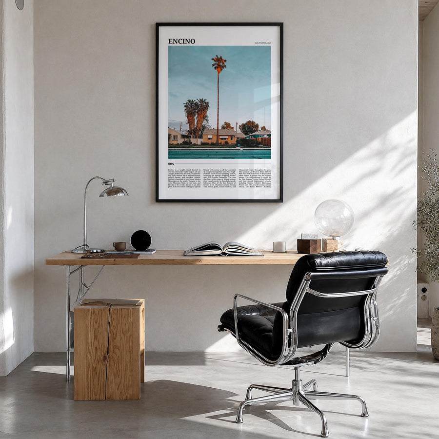 Encino colorful travel poster of California, USA – vertical wall art in black wood frame, hanging on wall