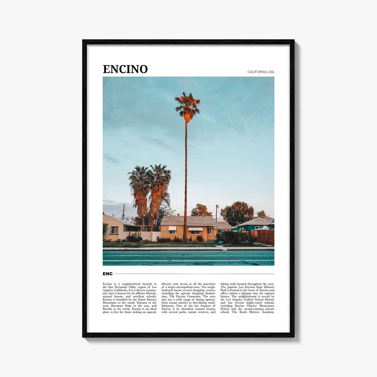 Encino colorful travel poster of California, USA – vertical wall art, unframed print shown in interior mockup