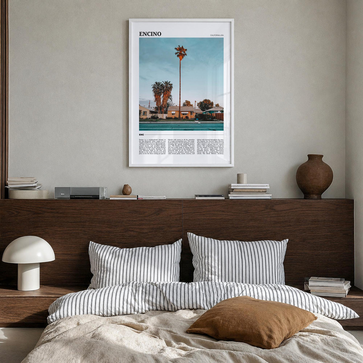 Encino colorful travel poster of California, USA – vertical wall art in white wood frame, hanging on wall