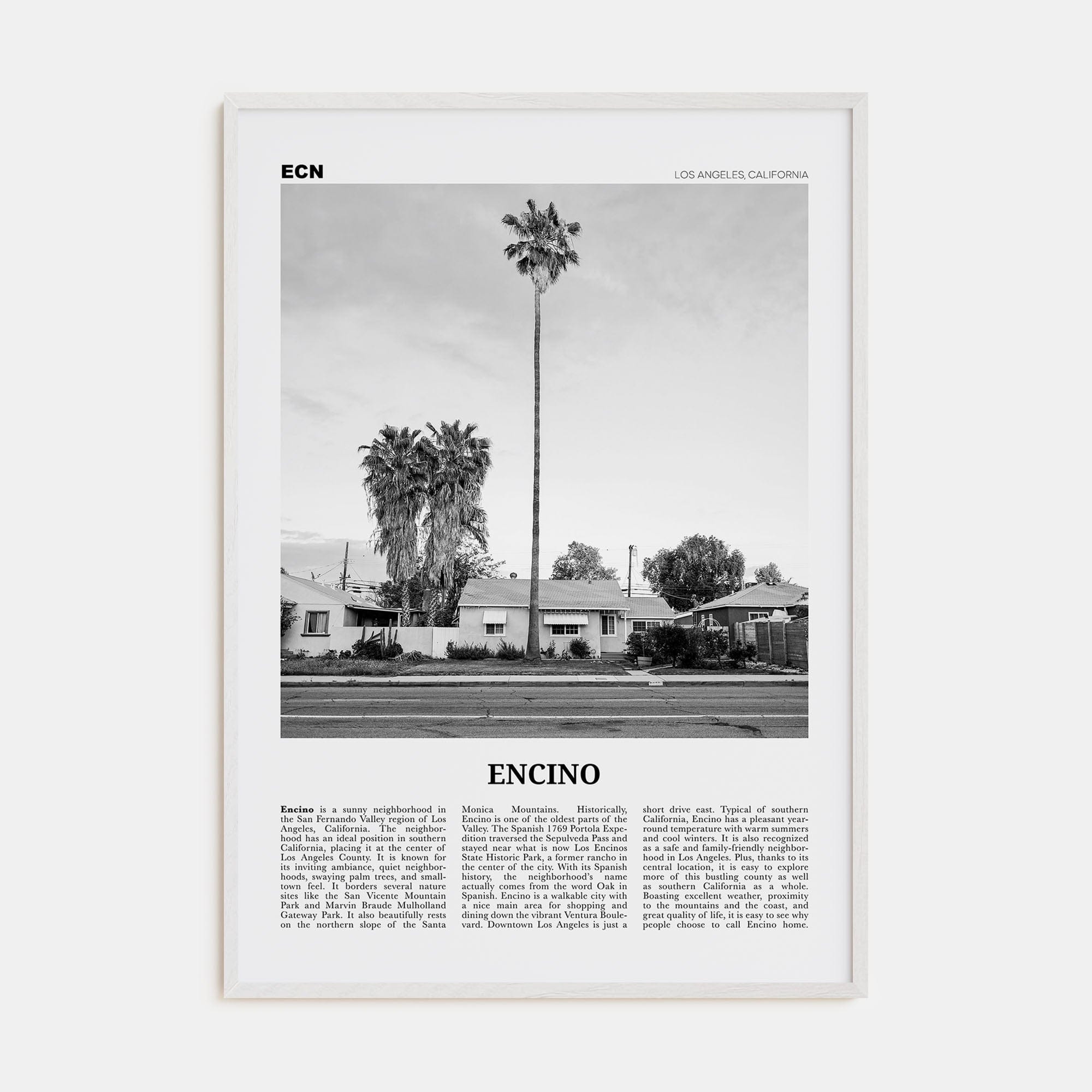 Encino Poster White Wood / 8x12 in Nbourhood Travel B&W Poster