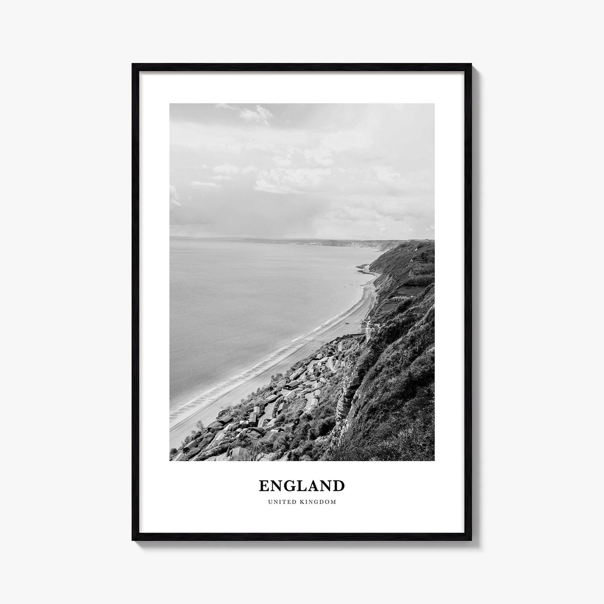 England black & white classic poster of United Kingdom – vertical wall art, unframed print shown in interior mockup