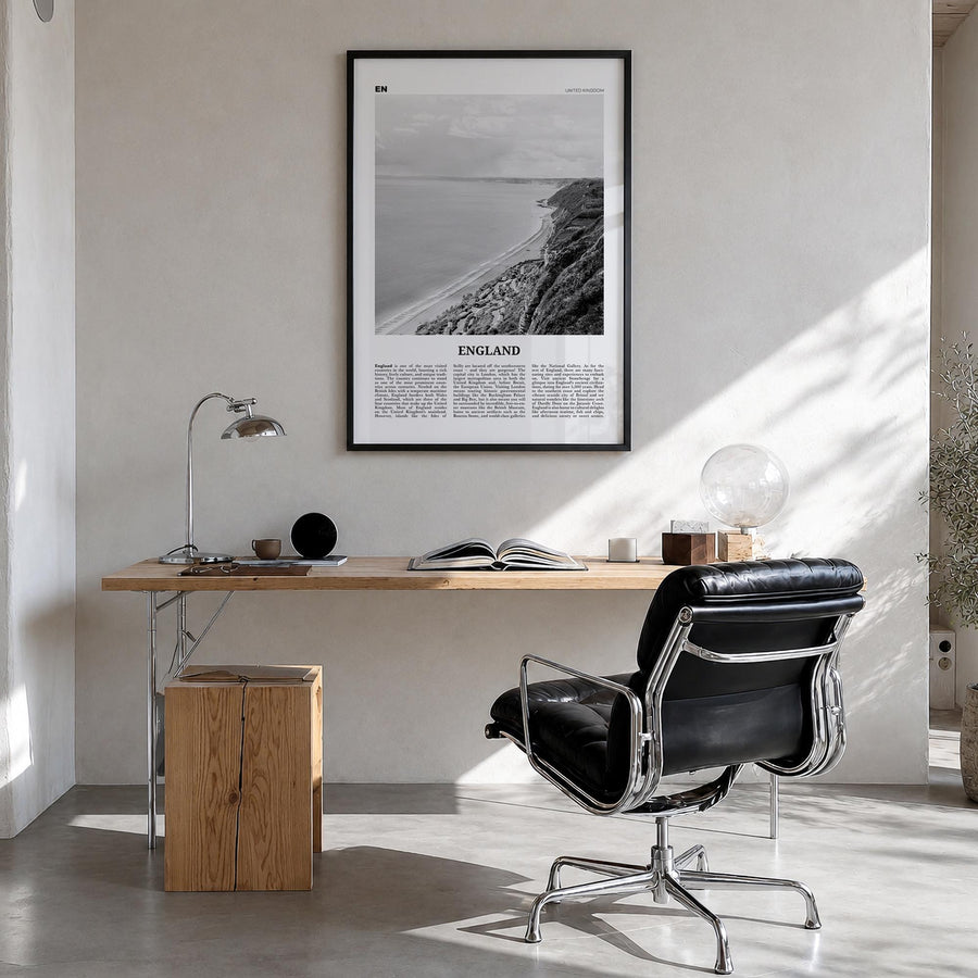 England black & white newspaper poster of United Kingdom – vertical wall art in black wood frame, hanging on wall