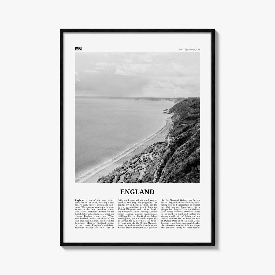 England black & white newspaper poster of United Kingdom – vertical wall art, unframed print shown in interior mockup