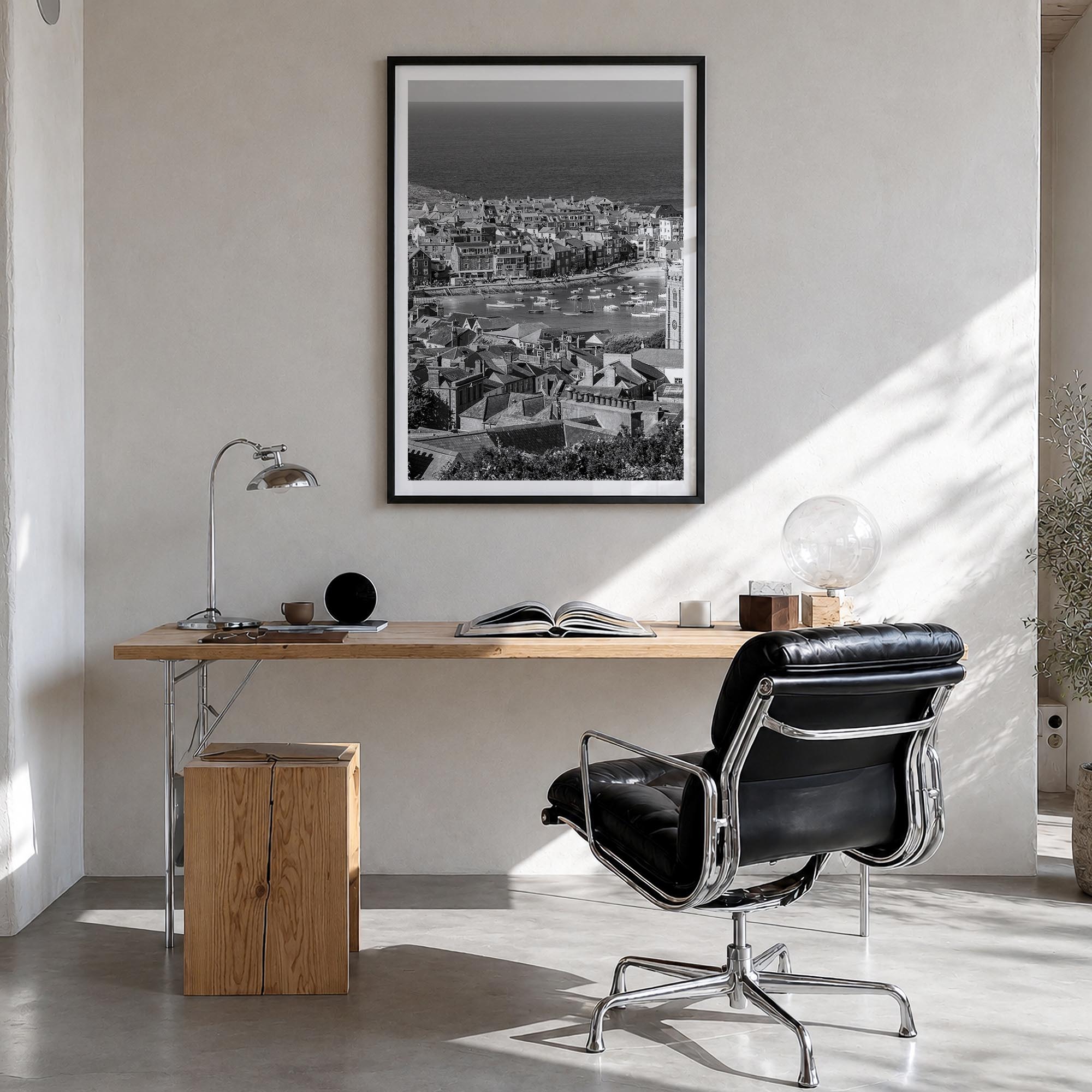 England black & white photo poster of United Kingdom – vertical wall art in black wood frame with white border, hanging on wa