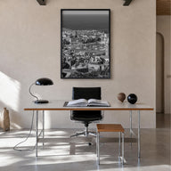 England black & white photo poster of United Kingdom – vertical wall art in black wood frame, hanging on wall