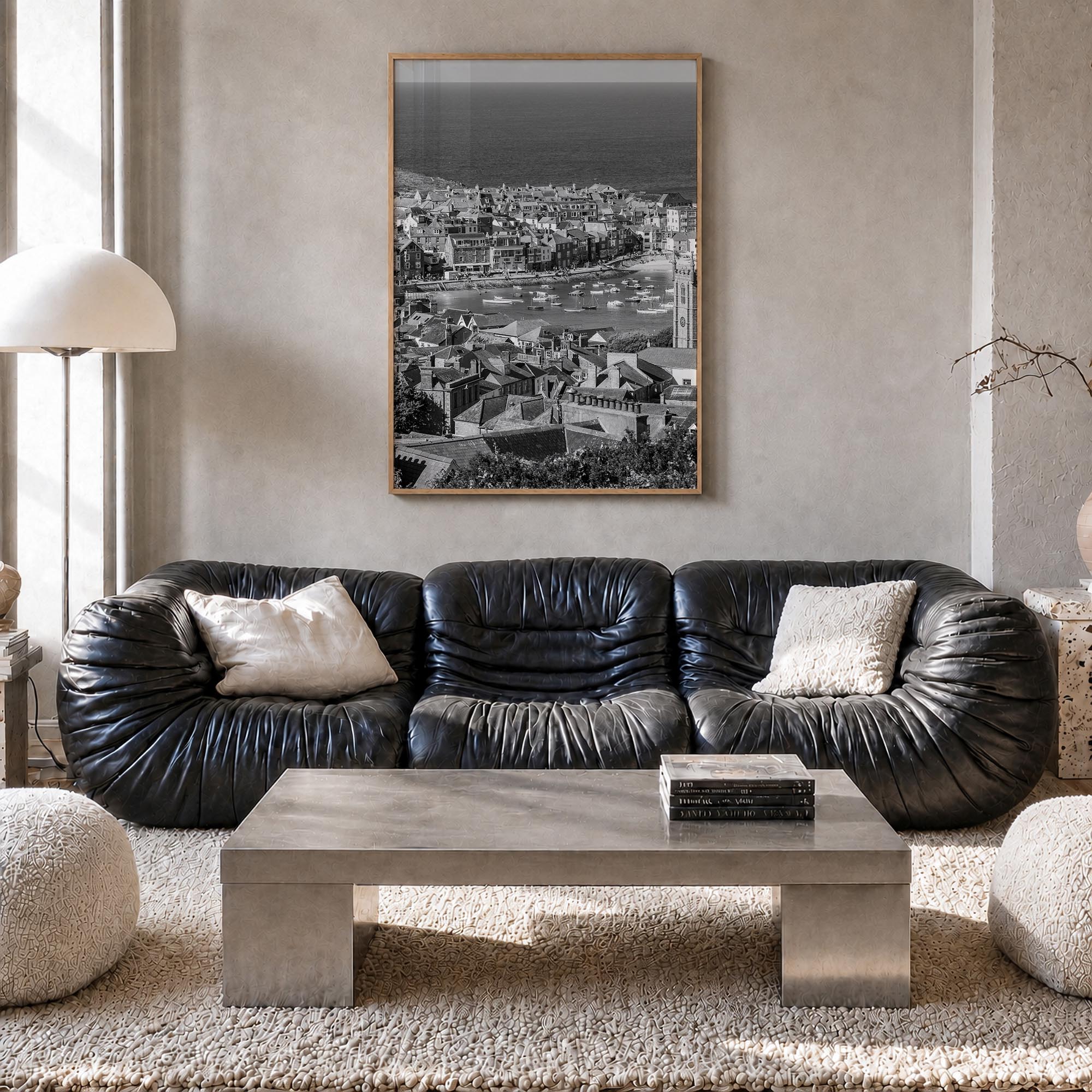 England black & white photo poster of United Kingdom – vertical wall art in natural wood frame, hanging on wall