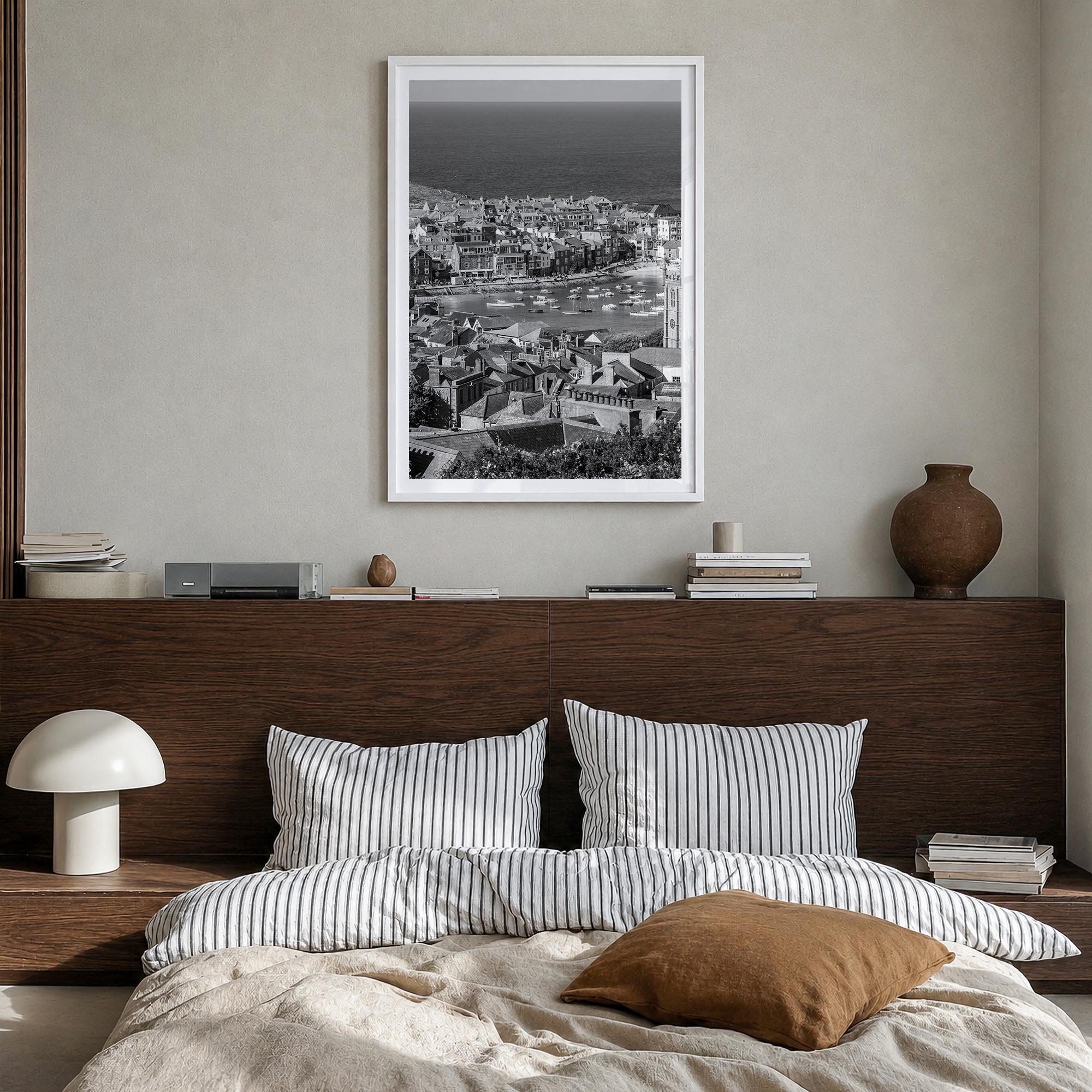 England black & white photo poster of United Kingdom – vertical wall art in white wood frame with white border, hanging on wa