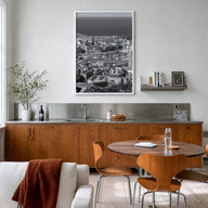 England black & white photo poster of United Kingdom – vertical wall art in white wood frame, hanging on wall