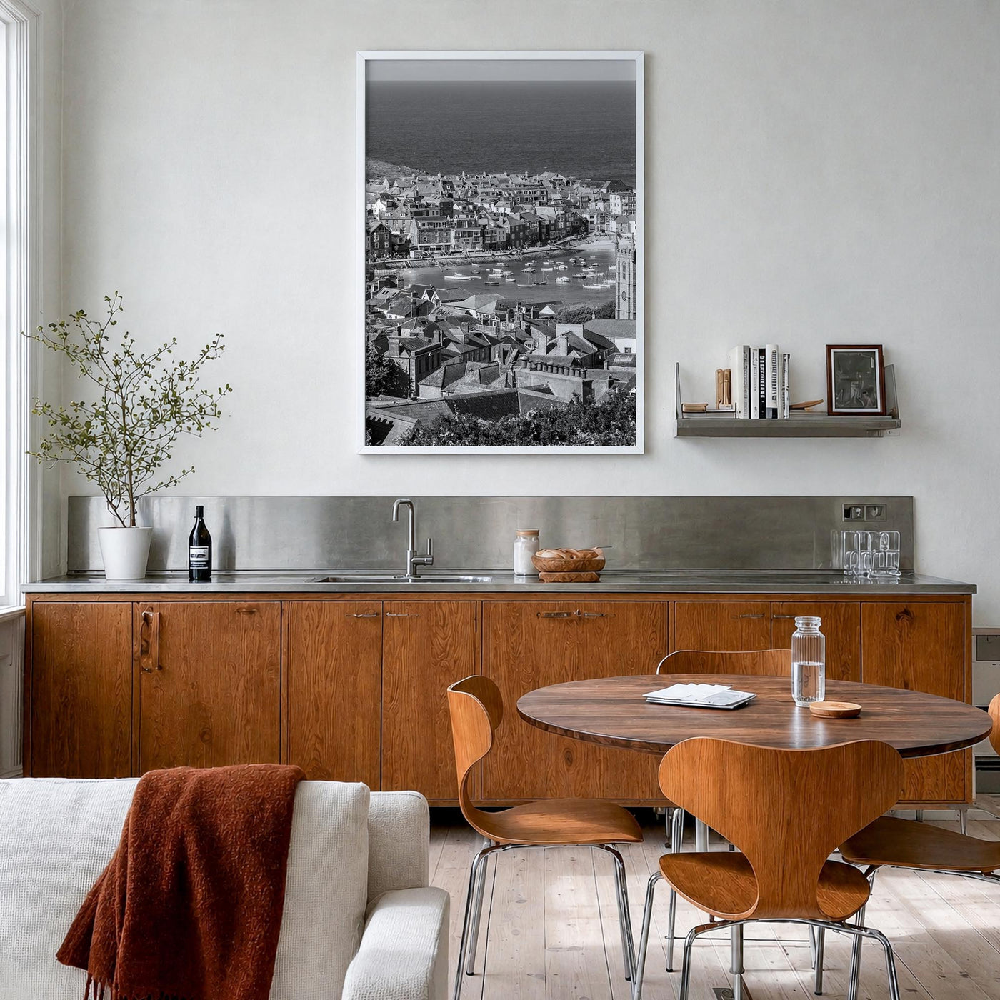 England black & white photo poster of United Kingdom – vertical wall art in white wood frame, hanging on wall