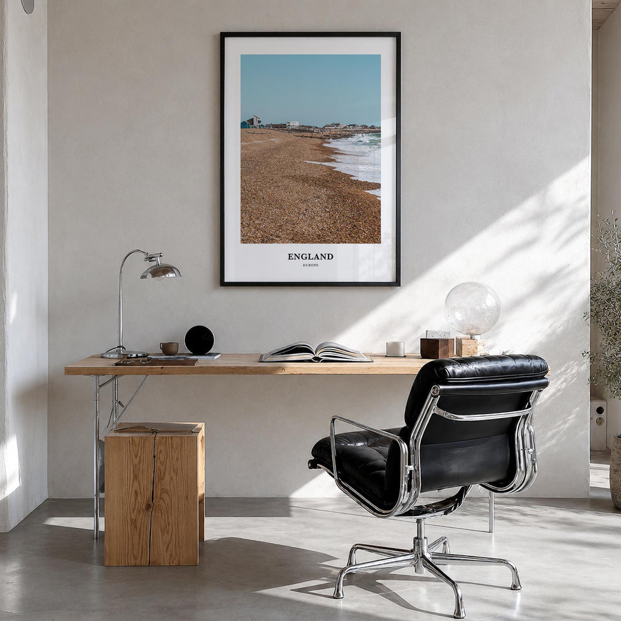 England colorful classic poster of United Kingdom – vertical wall art in black wood frame, hanging on wall