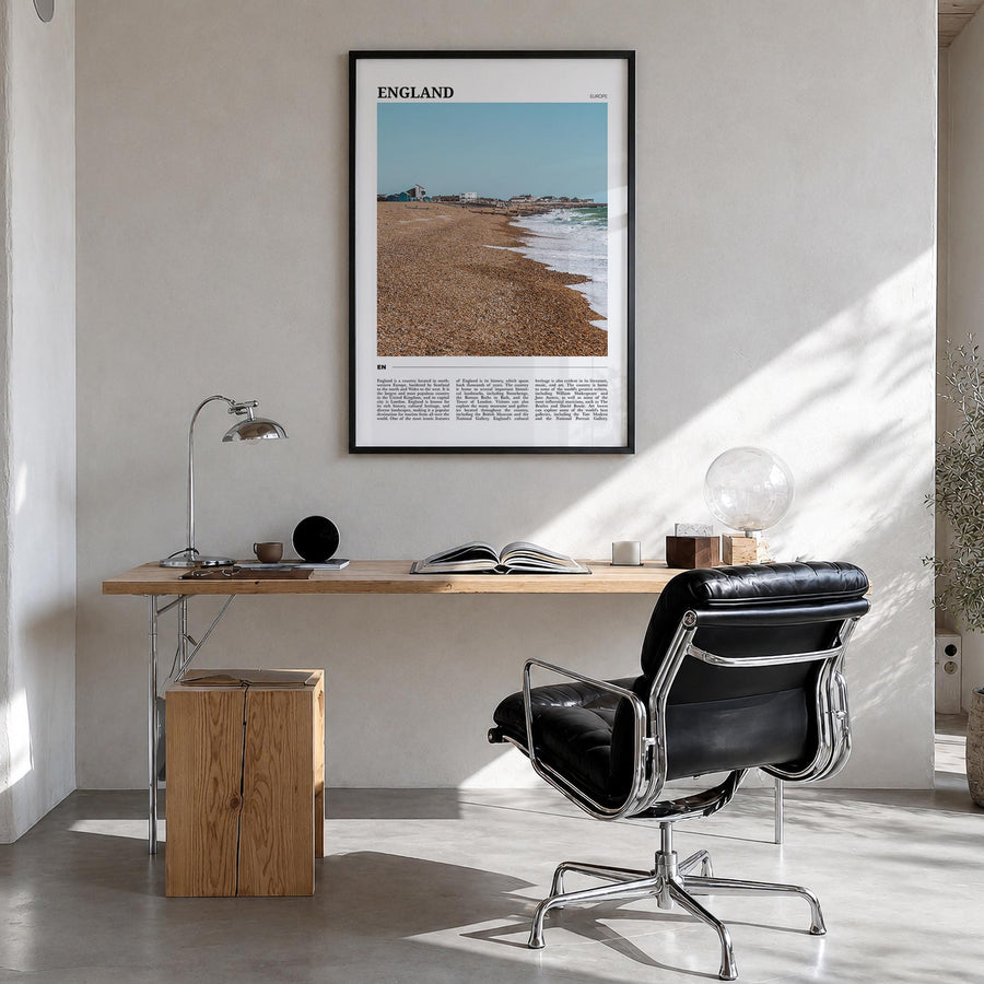England colorful travel poster of United Kingdom – vertical wall art in black wood frame, hanging on wall