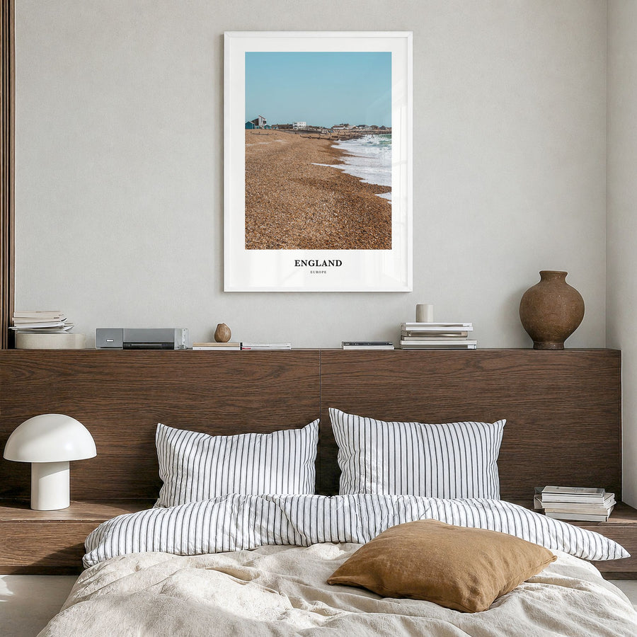 England Classic Poster in a white wood frame, hanging in a bedroom
