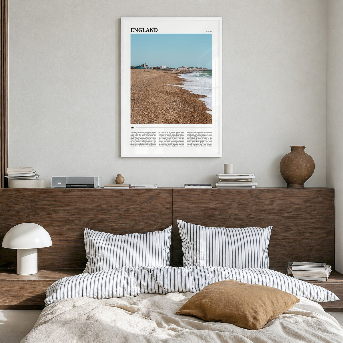 England Travel Poster in a white wood frame, hanging in a bedroom