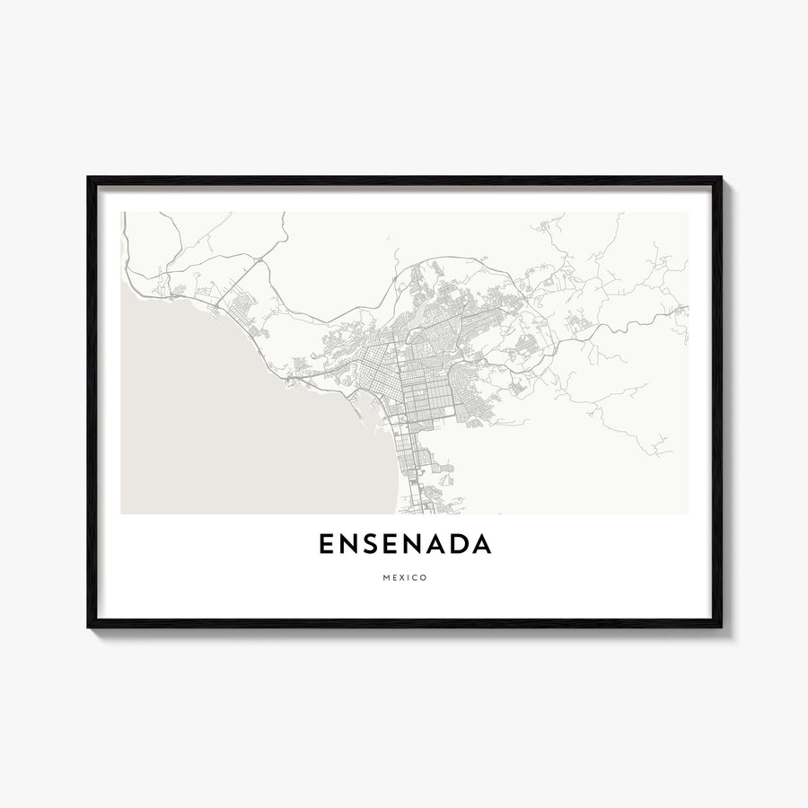 Ensenada black & white map poster of Mexico – horizontal wall art, unframed print shown in interior mockup