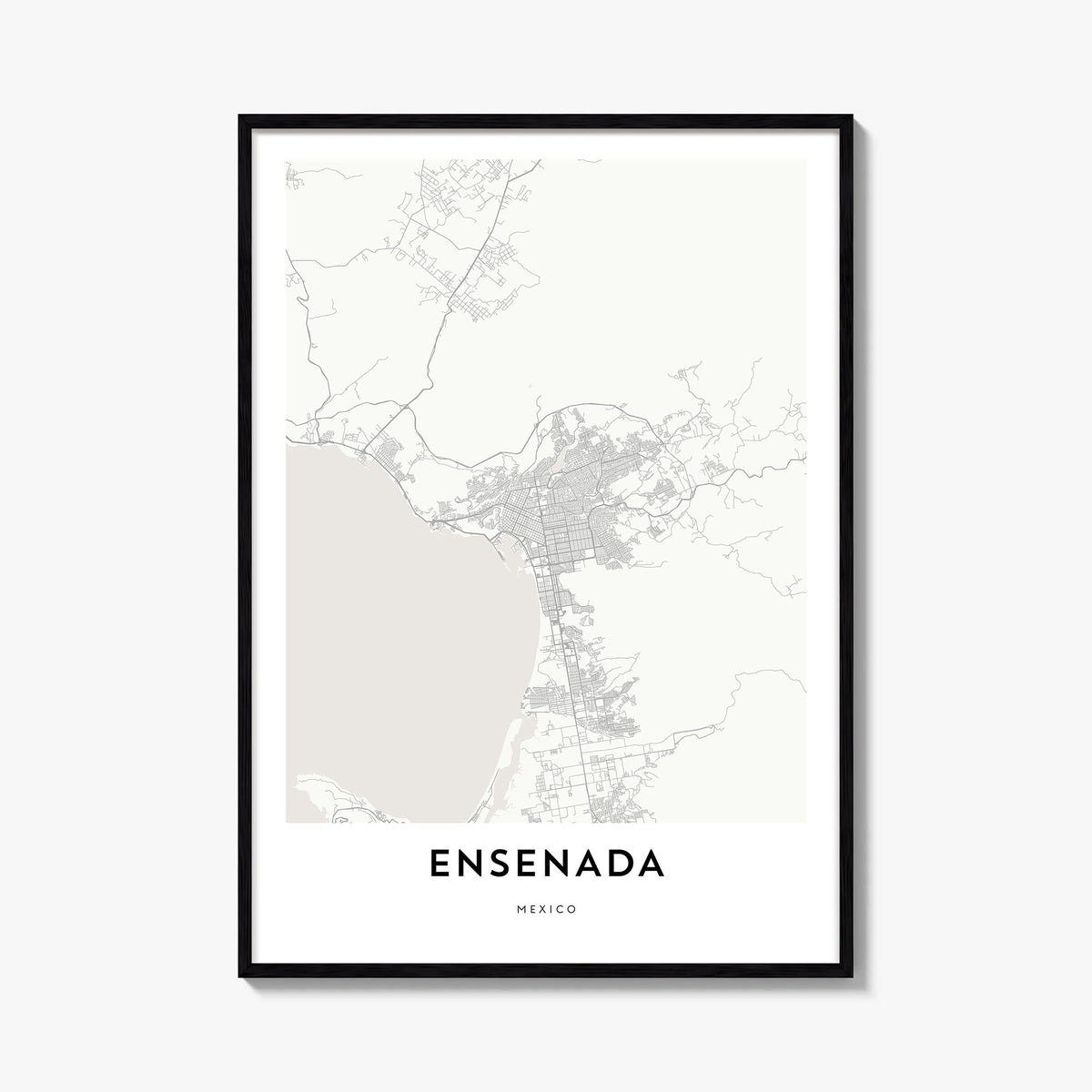 Ensenada black & white map poster of Mexico – vertical wall art, unframed print shown in interior mockup