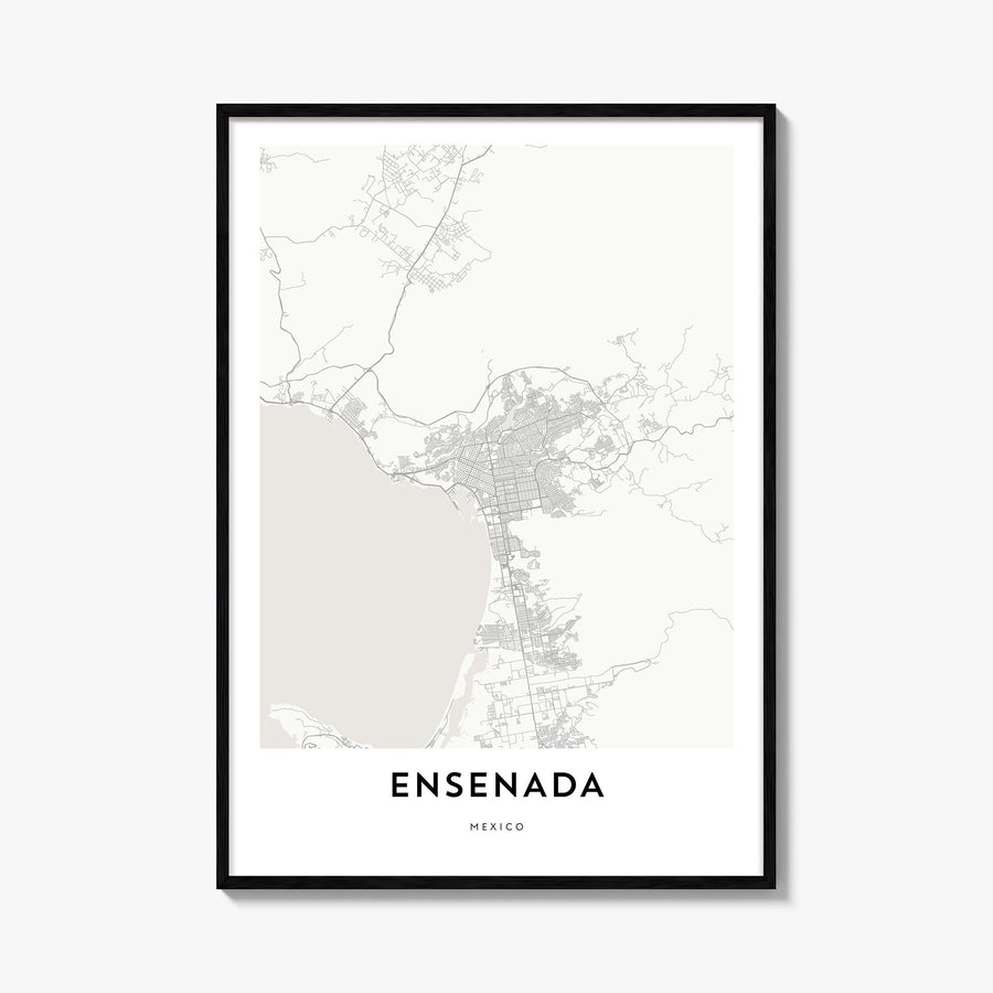Ensenada black & white map poster of Mexico – vertical wall art, unframed print shown in interior mockup