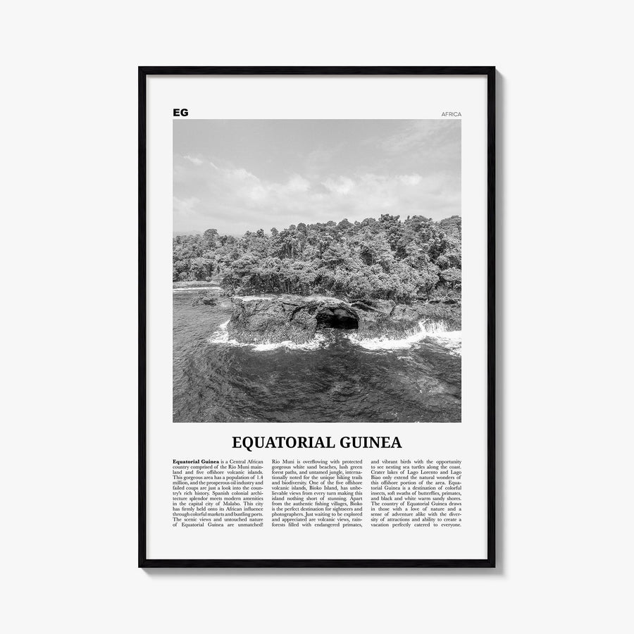 Equatorial Guinea black & white newspaper poster of Africa – vertical wall art, unframed print shown in interior mockup