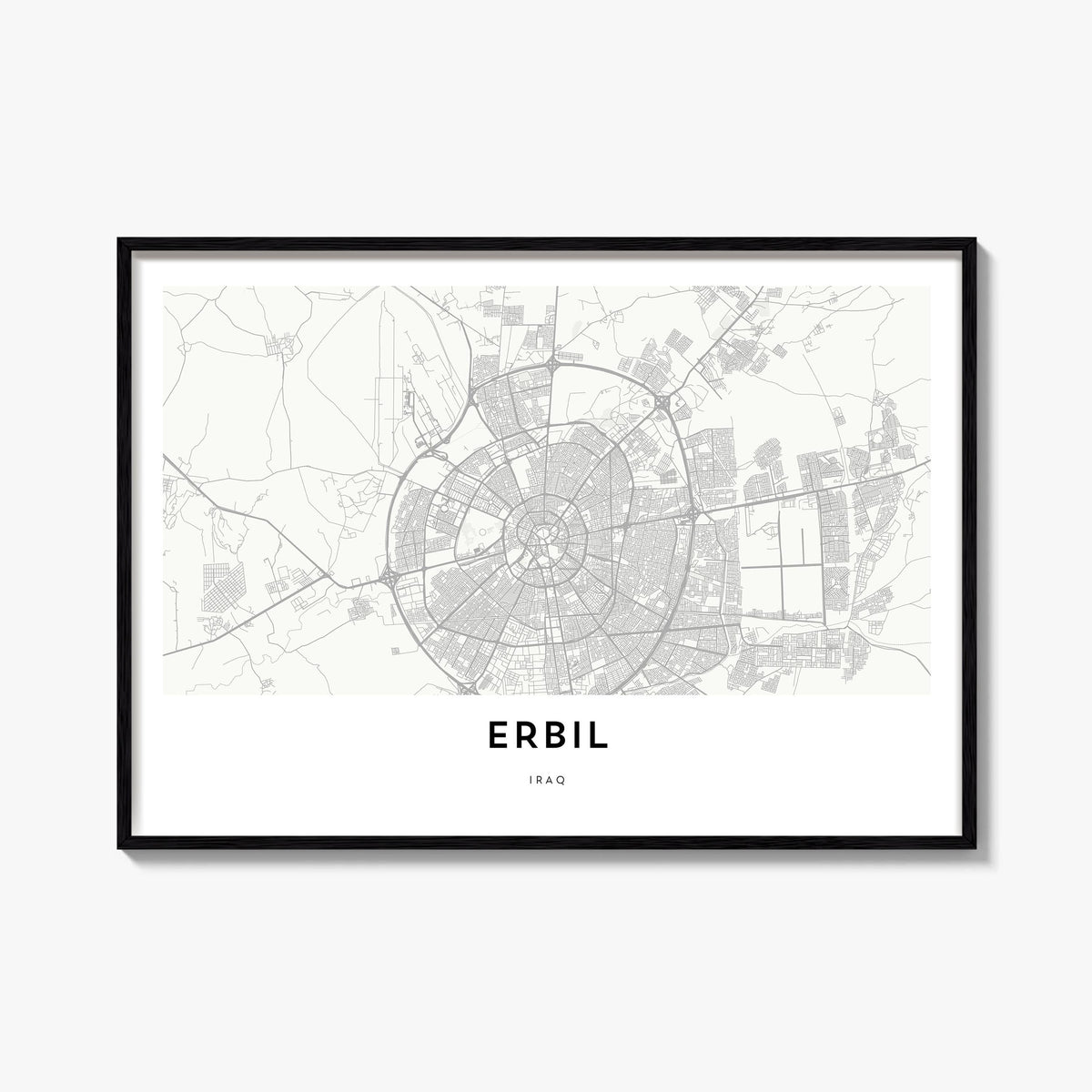 Erbil black & white map poster of Iraq – horizontal wall art, unframed print shown in interior mockup