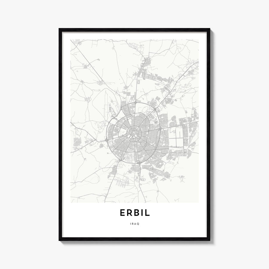 Erbil black & white map poster of Iraq – vertical wall art, unframed print shown in interior mockup