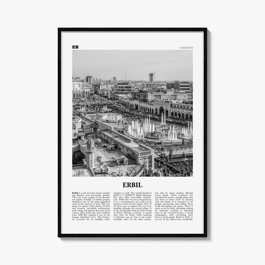 Erbil black & white newspaper poster of Iraq – vertical wall art, unframed print shown in interior mockup