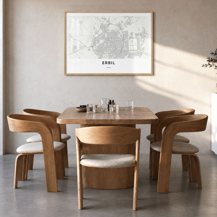 Erbil Map Poster in a natural wood frame, hanging in a dining room