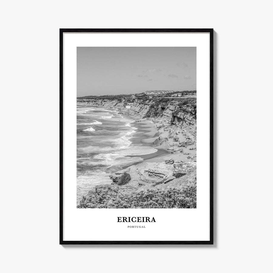 Ericeira black & white classic poster of Portugal – vertical wall art, unframed print shown in interior mockup