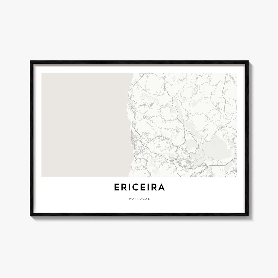 Ericeira black & white map poster of Portugal – horizontal wall art, unframed print shown in interior mockup