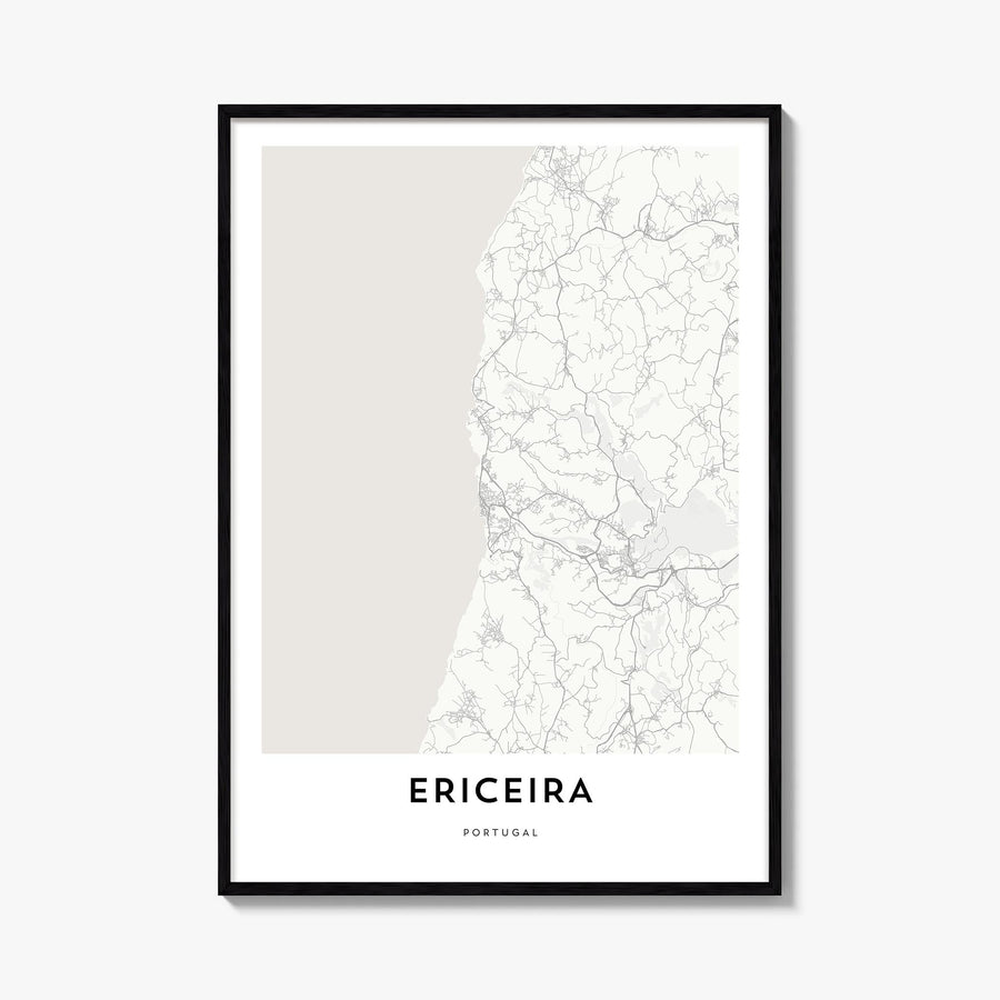 Ericeira black & white map poster of Portugal – vertical wall art, unframed print shown in interior mockup