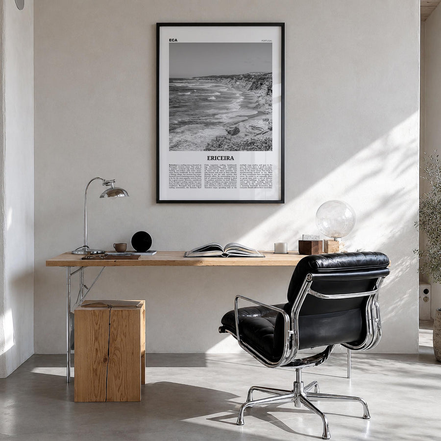 Ericeira black & white newspaper poster of Portugal – vertical wall art in black wood frame, hanging on wall