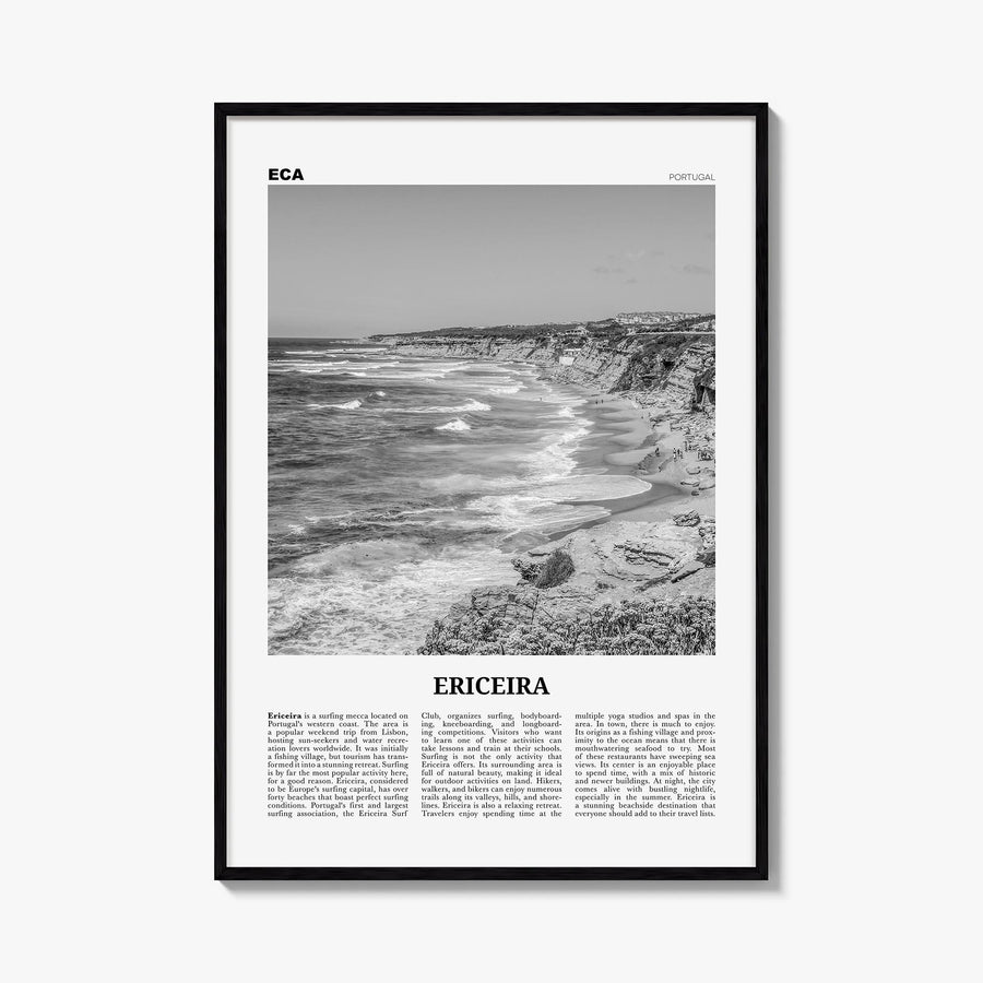 Ericeira black & white newspaper poster of Portugal – vertical wall art, unframed print shown in interior mockup