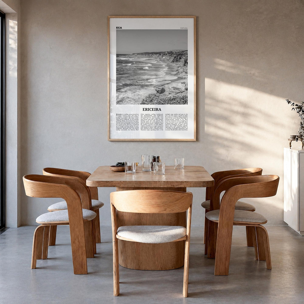 Ericeira black & white newspaper poster of Portugal – vertical wall art in natural wood frame, hanging on wall