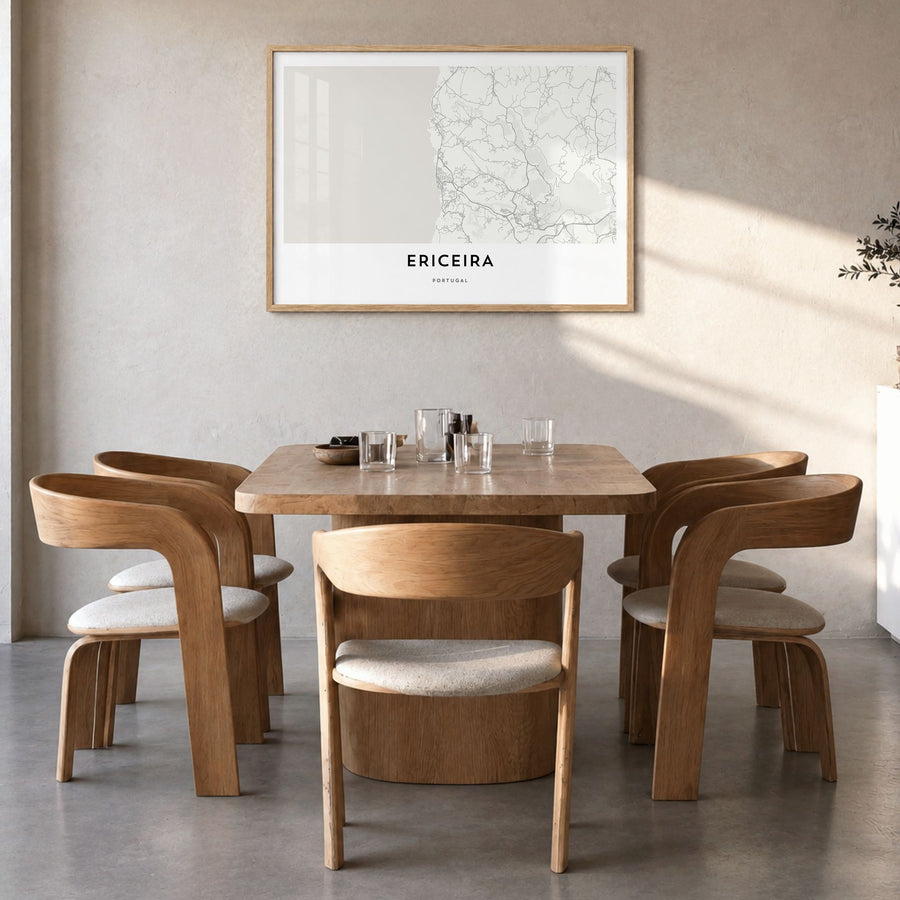 Ericeira Map Poster in a natural wood frame, hanging in a dining room