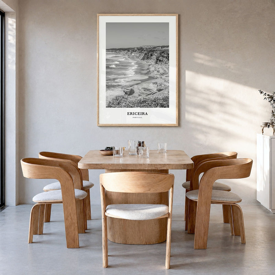 Ericeira Classic Poster in a natural wood frame, hanging in a dining room