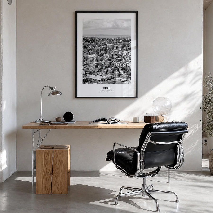 Erie black & white classic poster of Pennsylvania, USA – vertical wall art in black wood frame, hanging on wall