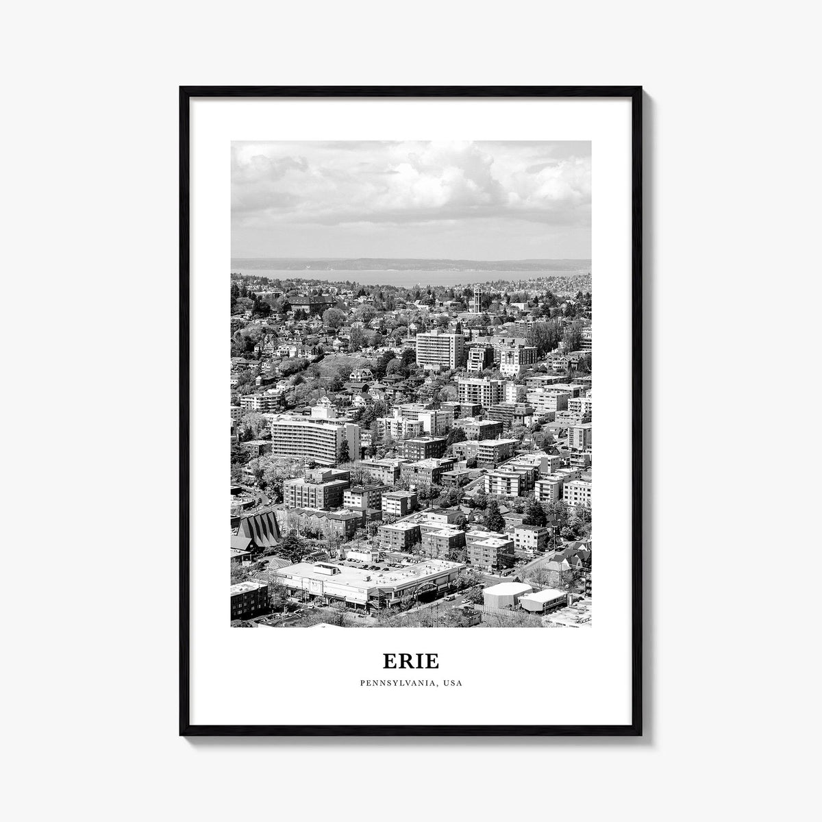 Erie black & white classic poster of Pennsylvania, USA – vertical wall art, unframed print shown in interior mockup