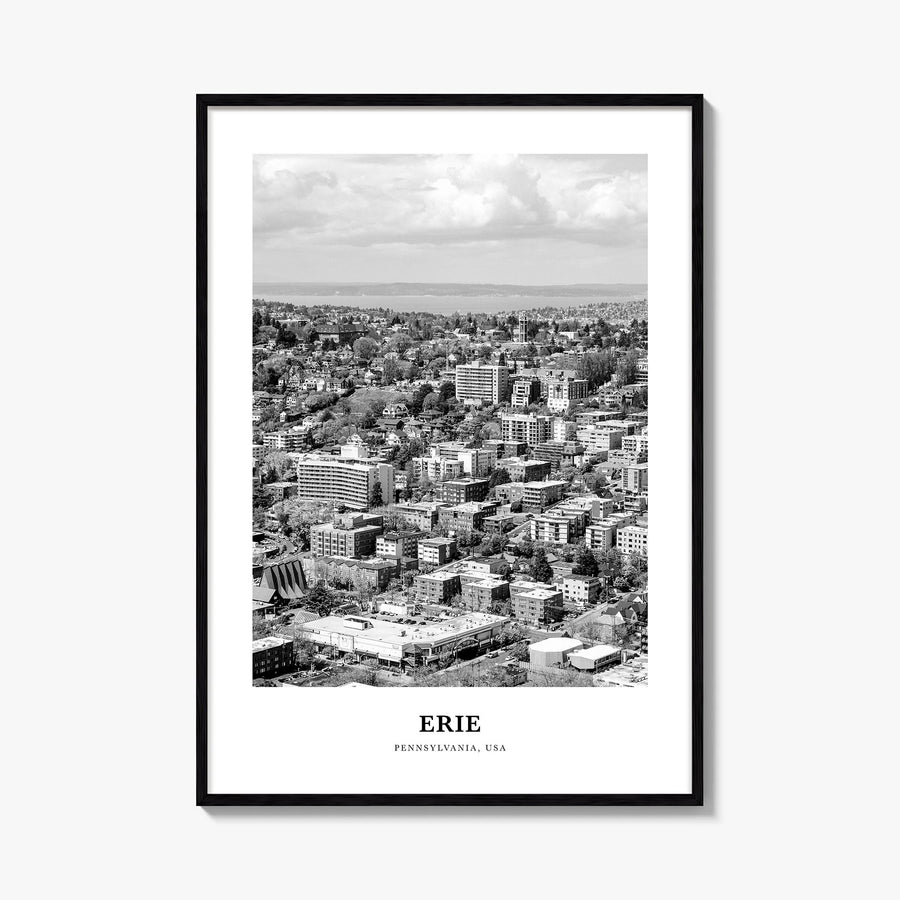 Erie black & white classic poster of Pennsylvania, USA – vertical wall art, unframed print shown in interior mockup