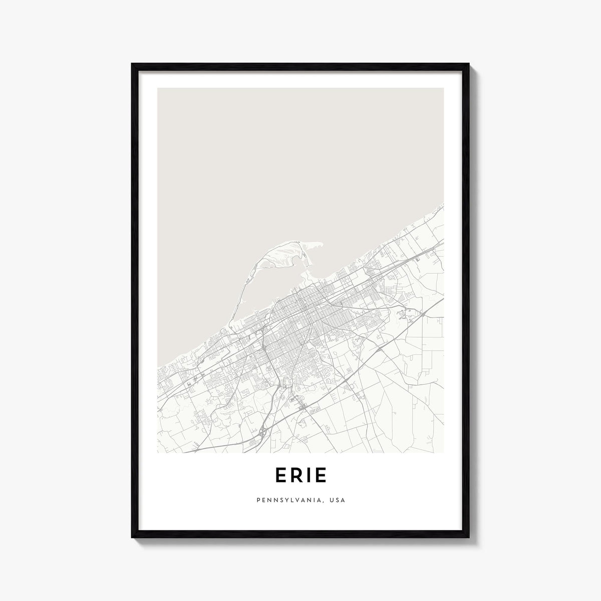 Erie black & white map poster of Pennsylvania, USA – vertical wall art, unframed print shown in interior mockup