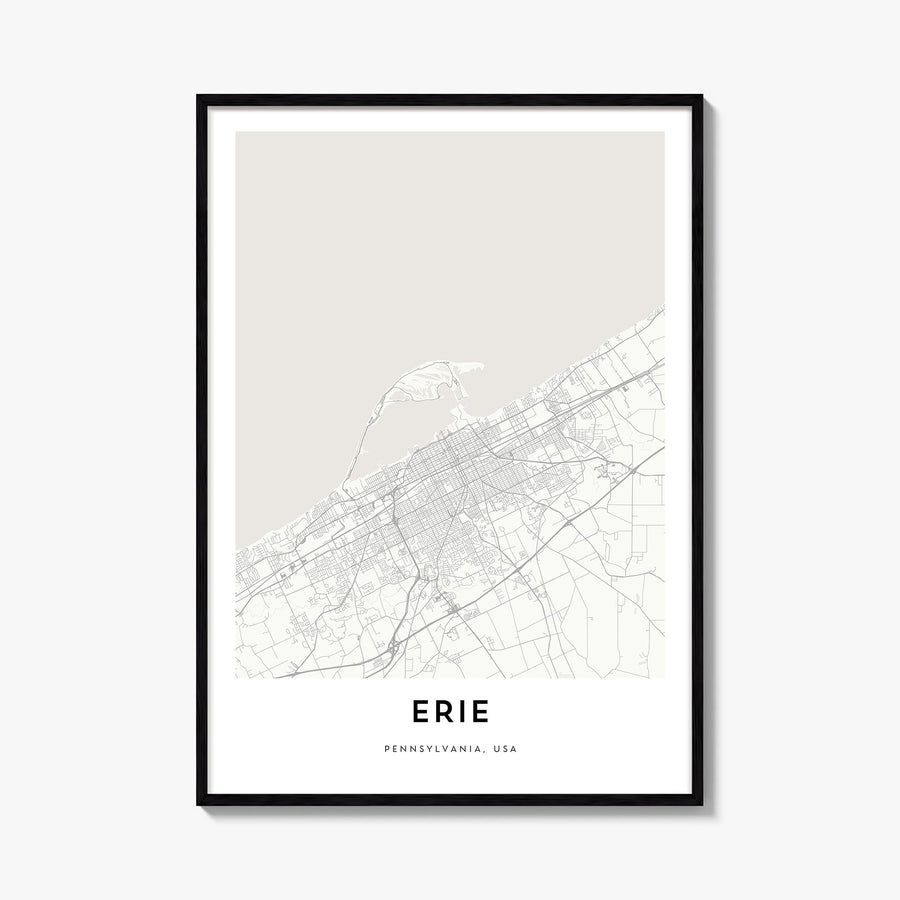 Erie black & white map poster of Pennsylvania, USA – vertical wall art, unframed print shown in interior mockup