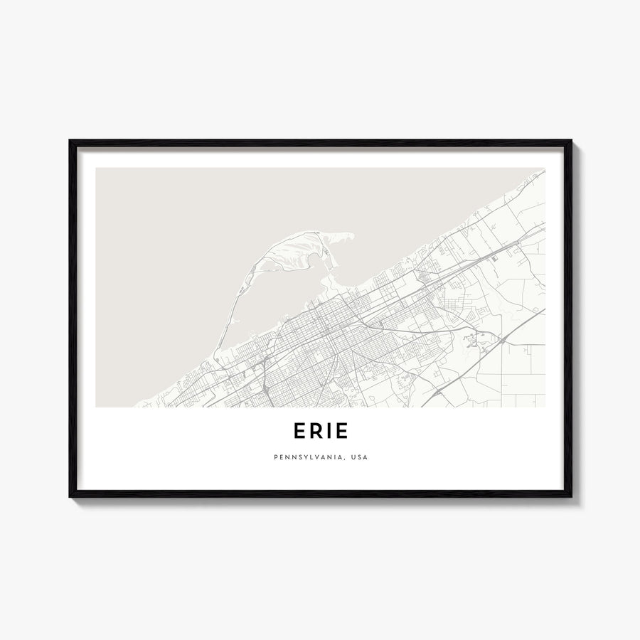 Erie black & white map poster of Pennsylvania, USA – horizontal wall art, unframed print shown in interior mockup