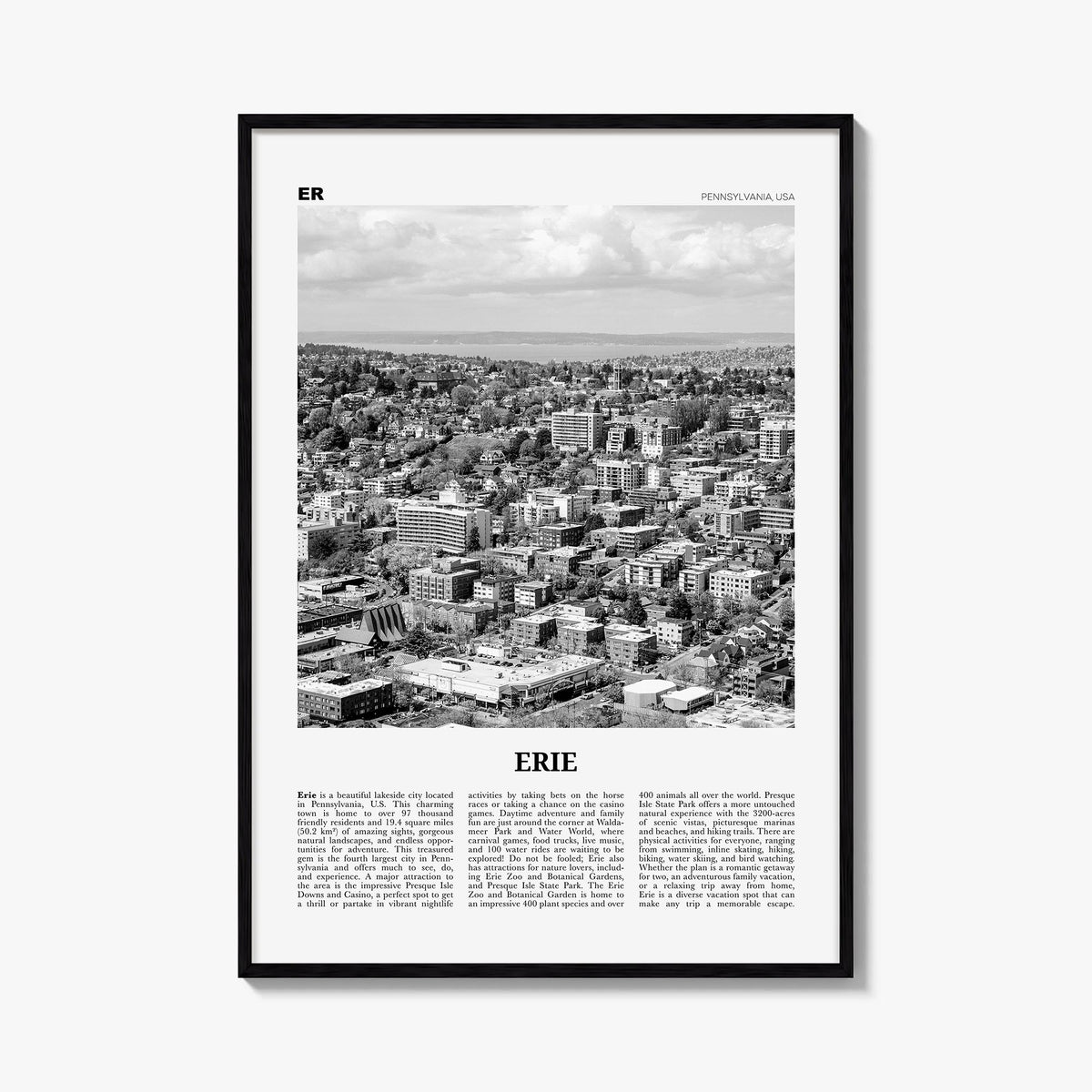 Erie black & white newspaper poster of Pennsylvania, USA – vertical wall art, unframed print shown in interior mockup